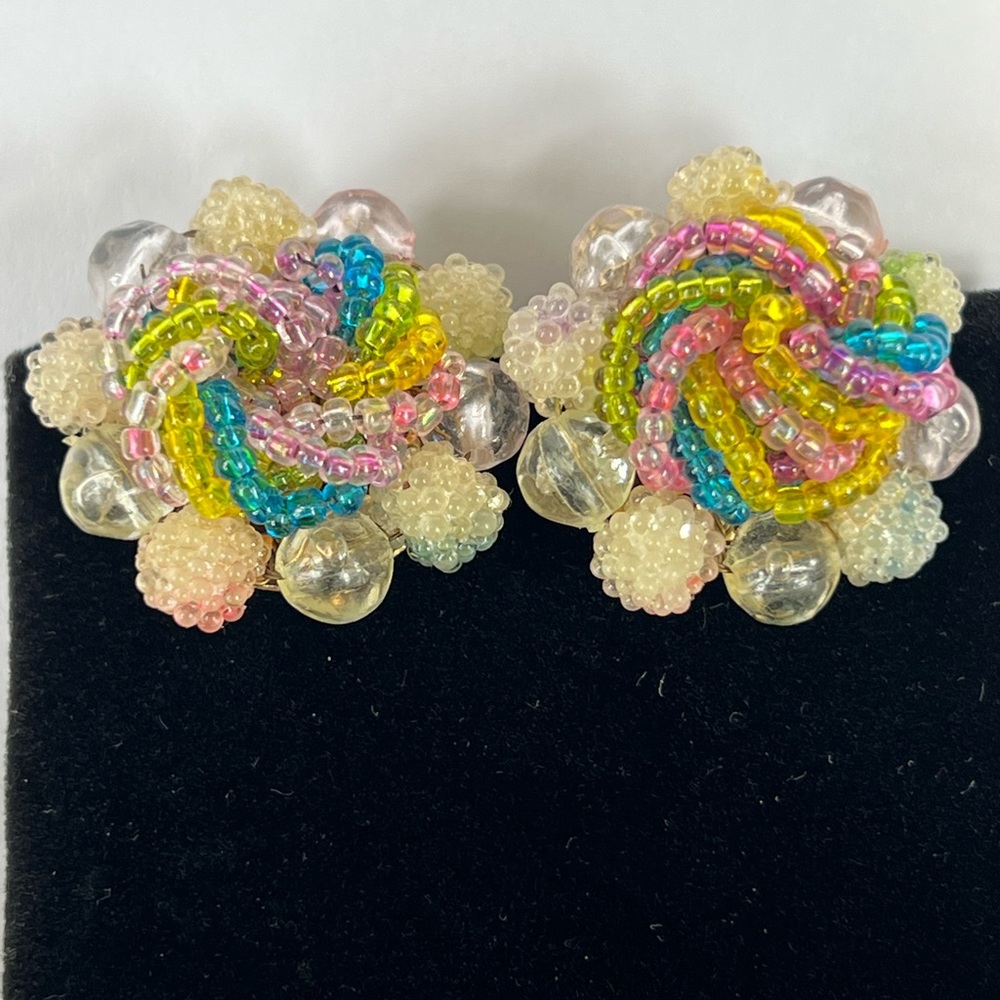 Vintage Japan stamped rainbow colors clip earrings